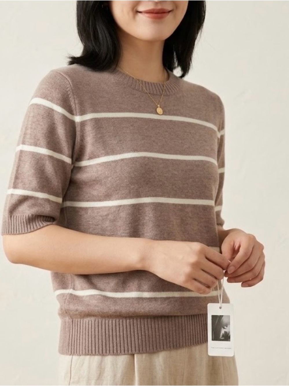 New LOMON Striped Crewneck Short-Sleeve Sweater in Mauve and White. 50% viscose